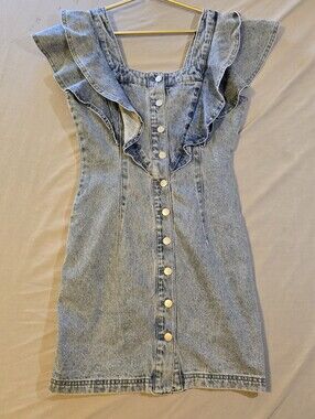 Avec Les Filles Light Wash Denim Mini Dress with Ruffle V-Neck